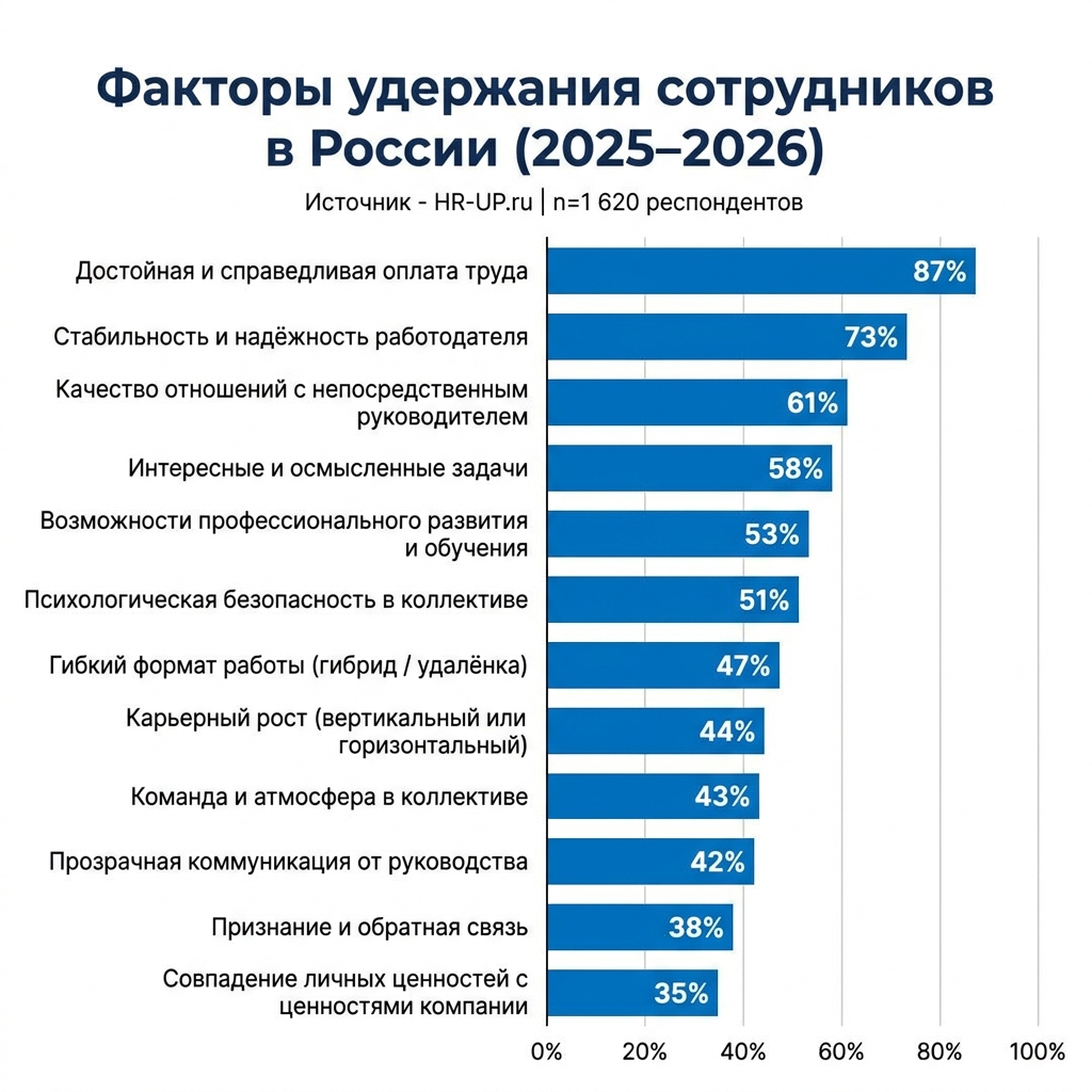 Инфографика факторов удержания сотрудников в российских компаниях по данным исследований 2024-2026